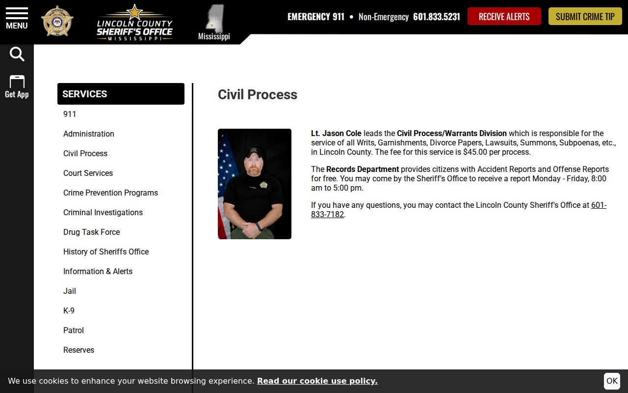 Lincoln County Sheriff Civil Process and Warrants Division page