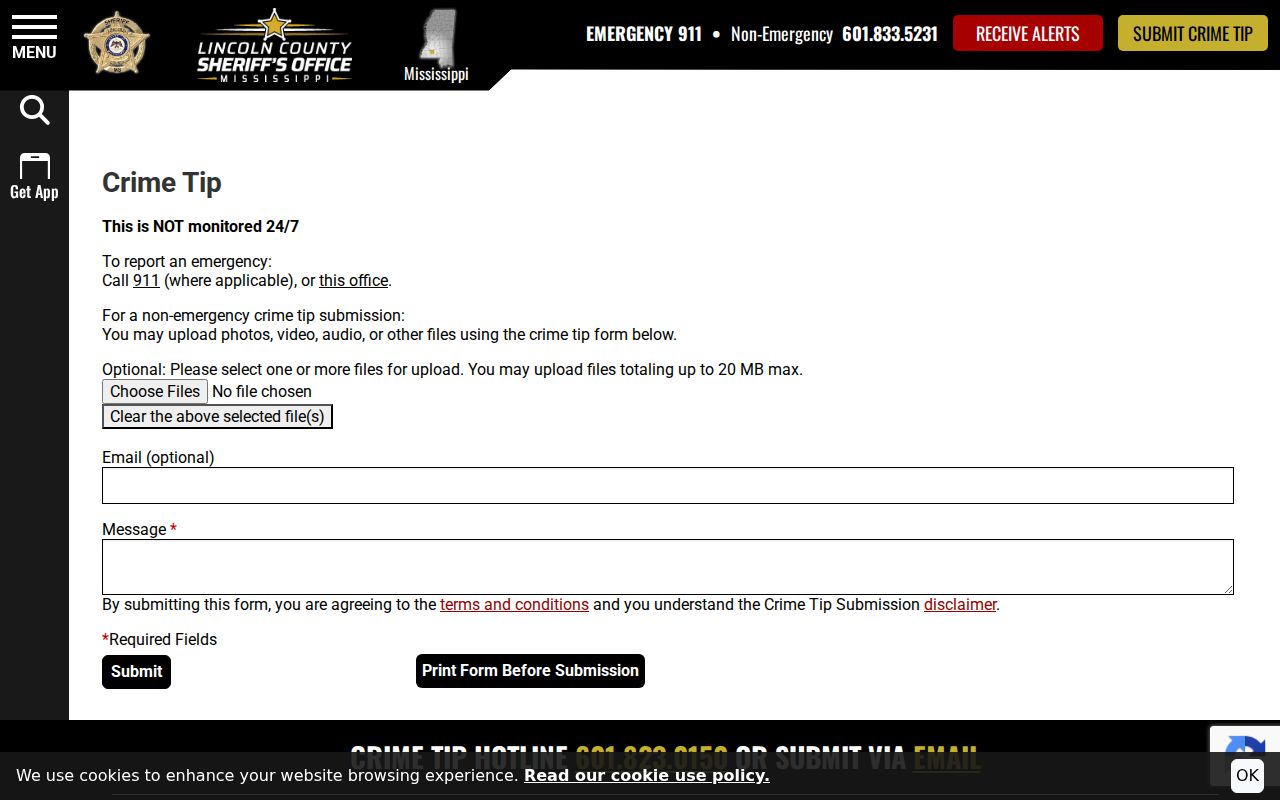 Lincoln County Sheriff official crime tip form controls