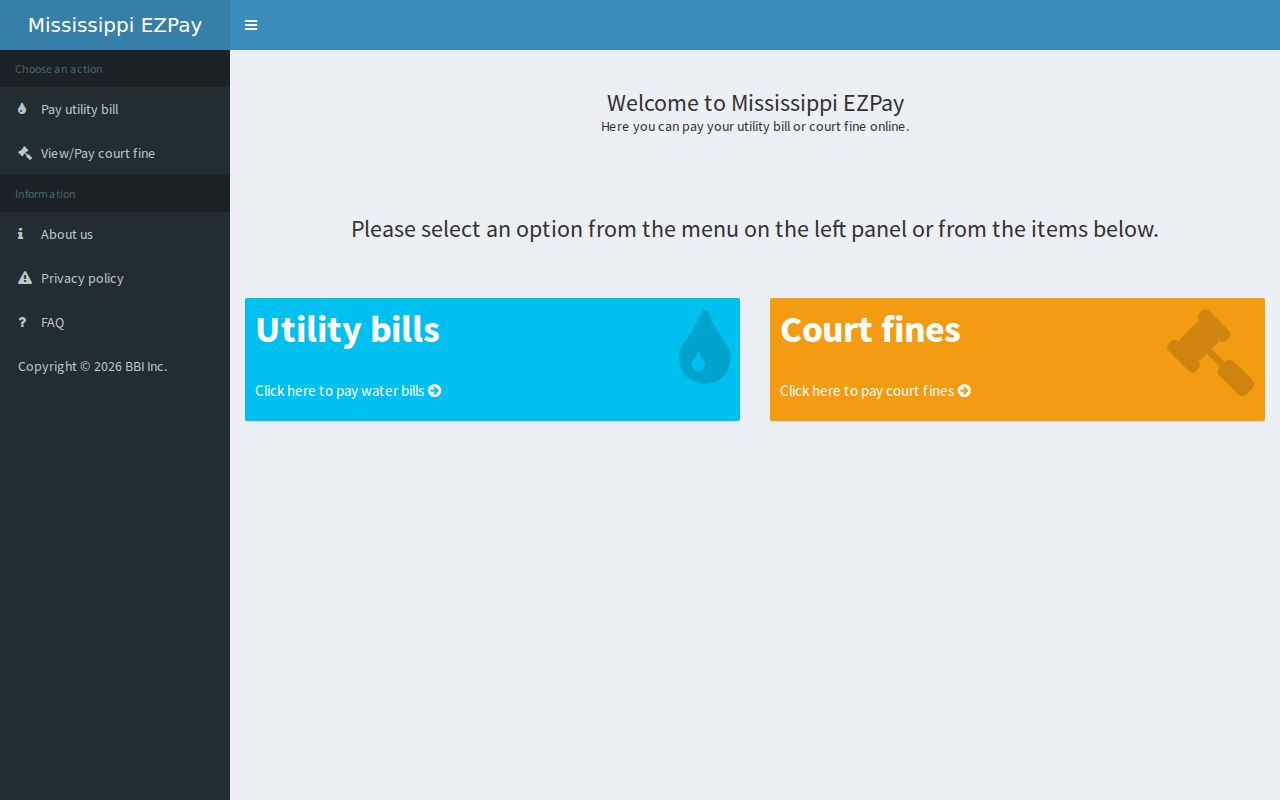 Mississippi EZ Pay page linked by Brookhaven Municipal Court