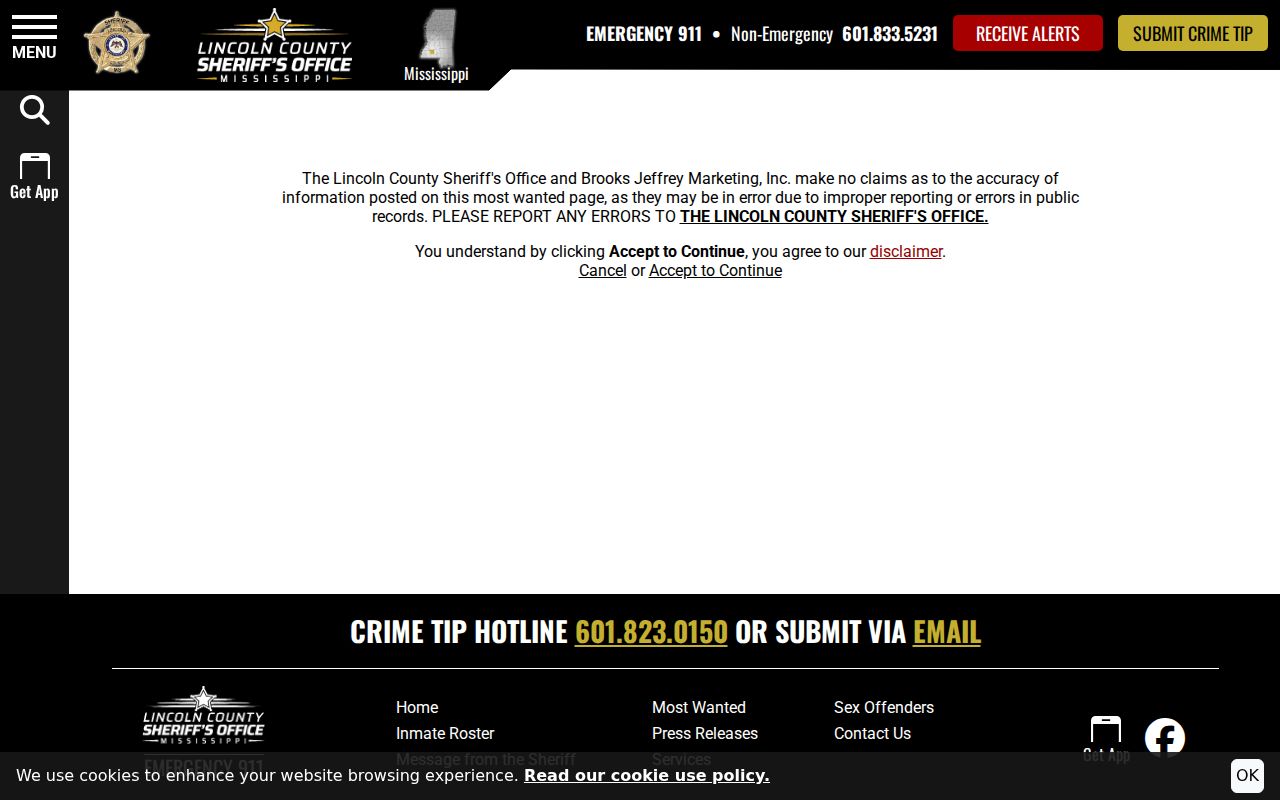 Lincoln County Sheriff official accuracy and authenticity disclaimer